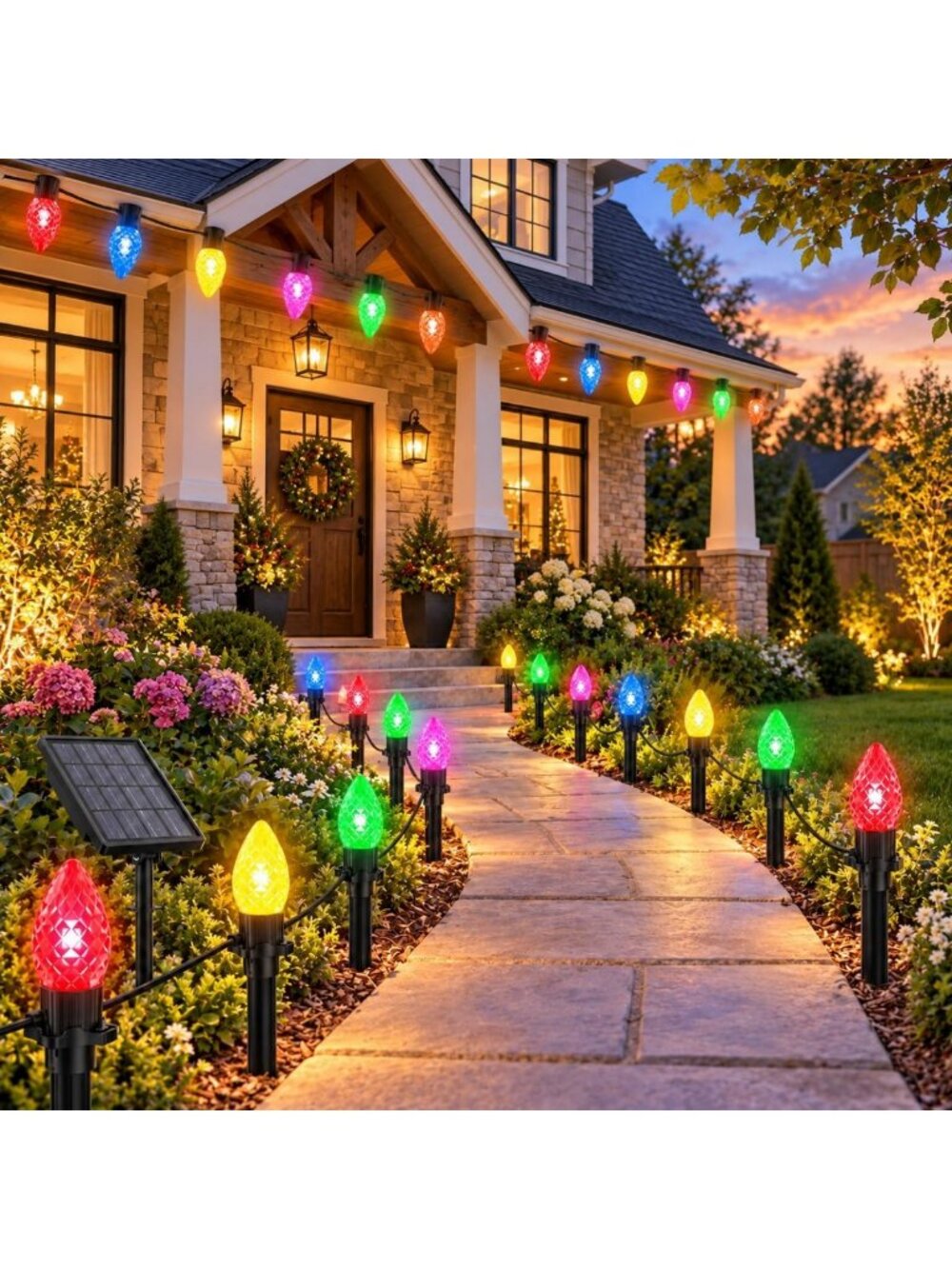 33FT C9 LED Solar Christmas Pathway Lights Outdoor with Color Changing